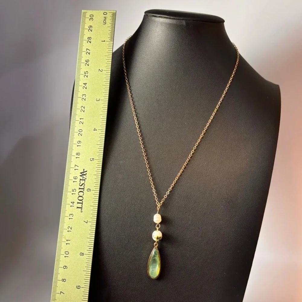 Pendant Necklace Gold Green Teardrop Floral Rose Bead Cottagecore Whimsygoth